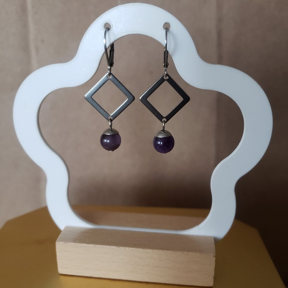 New Stainless Steel Amethyst  Dangle Earrings